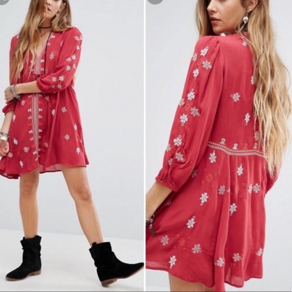 Free People Dresses & Skirts - Free People Star Gazer Red Embroidered Tunic Dress